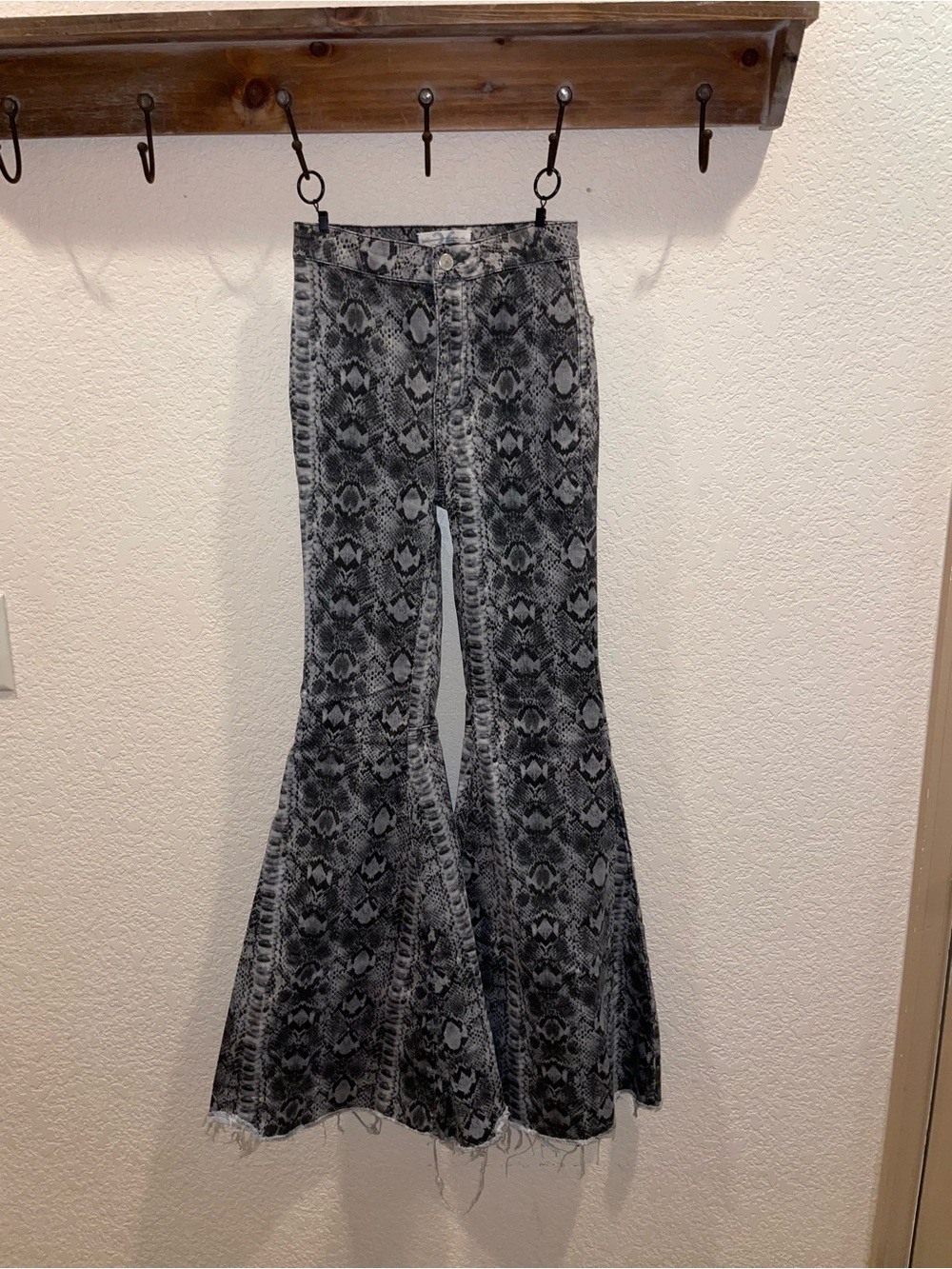 Free People Black and Gray Snake-Print Flare Jeans